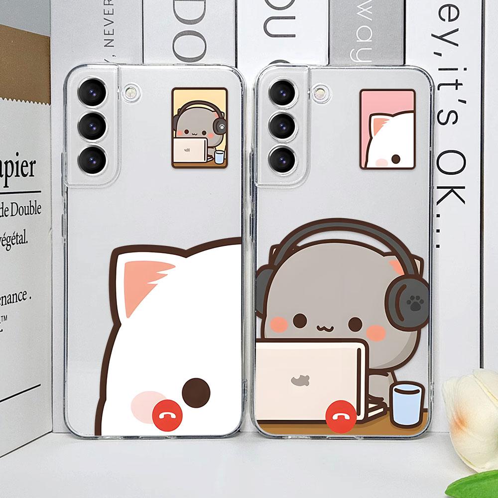 Милый мультяшный кот пара Чехол для телефона для Samsung Galaxy S23 FE S22 Plus S21 S24 S25 Ultra Прозрачный Мягкий Чехол Любовники Пары Funda