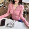Contrasting Colors Vintage Striped T-shirts Women's Clothing Half Open Collar Autumn Stylish Button Slim Long Sleeve Pullovers