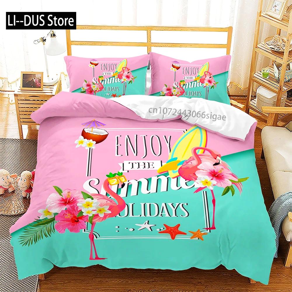 Pink Flamingo Duvet Cover Green Leaves Floral Animal Print Bedding Set For Kids Girls Tropical Pattern Design Bedroom Decor