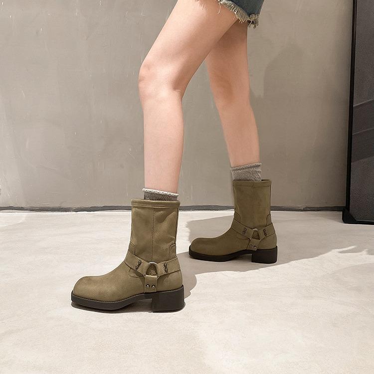 Модные винтажные замшевые кожаные ботильоны с круглым носком для женщин, классический дизайн, на каблуке, челси, простые, удобные, модные ковбойские ботинки