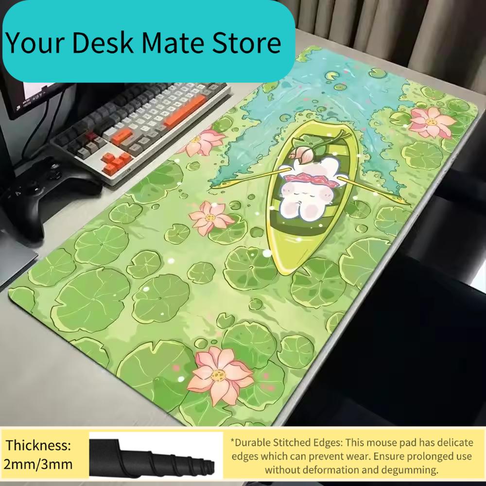 Cute Bunny on Lotus Pond Extended Gaming Mouse Pad Kawaii Summer Desk Mat NonSlip Keyboard Pad