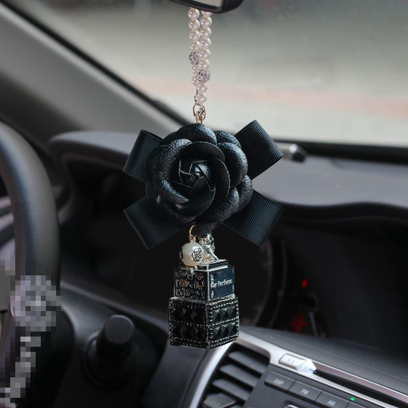 Очаровательный бриллиантовый кристалл камелии, цветок автомобиля, подвеска в виде флакона духов, женские блестящие стразы, автомобильное зеркало, подвесные украшения для девочек