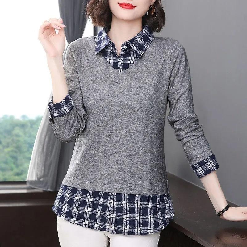 Cotton Shirt Women's Fall and Winter Plaid Fake Two-piece Comfortable Pullover Tops Big Yards Bottoming Shirt Casual Pullover Tops