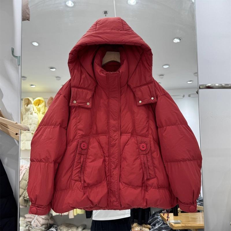 Модная белая пуховая куртка с капюшоном и круглой пряжкой, женская короткая зимняя, новая, свободная, теплая, белая, из утиного пуха.