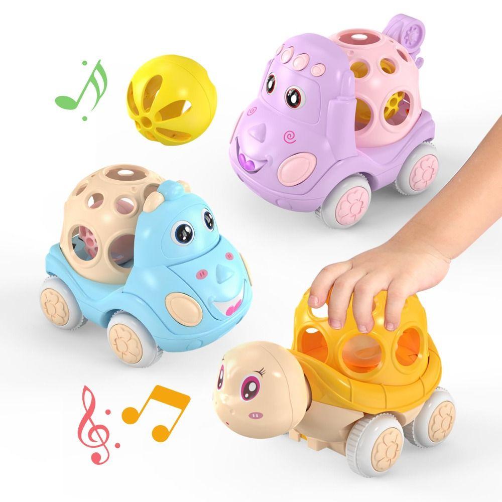 Soft Rubber Baby Car Toy Friction Powered Rattle Roll Cars Inertia Pull Back Car for 1-3 Years Old