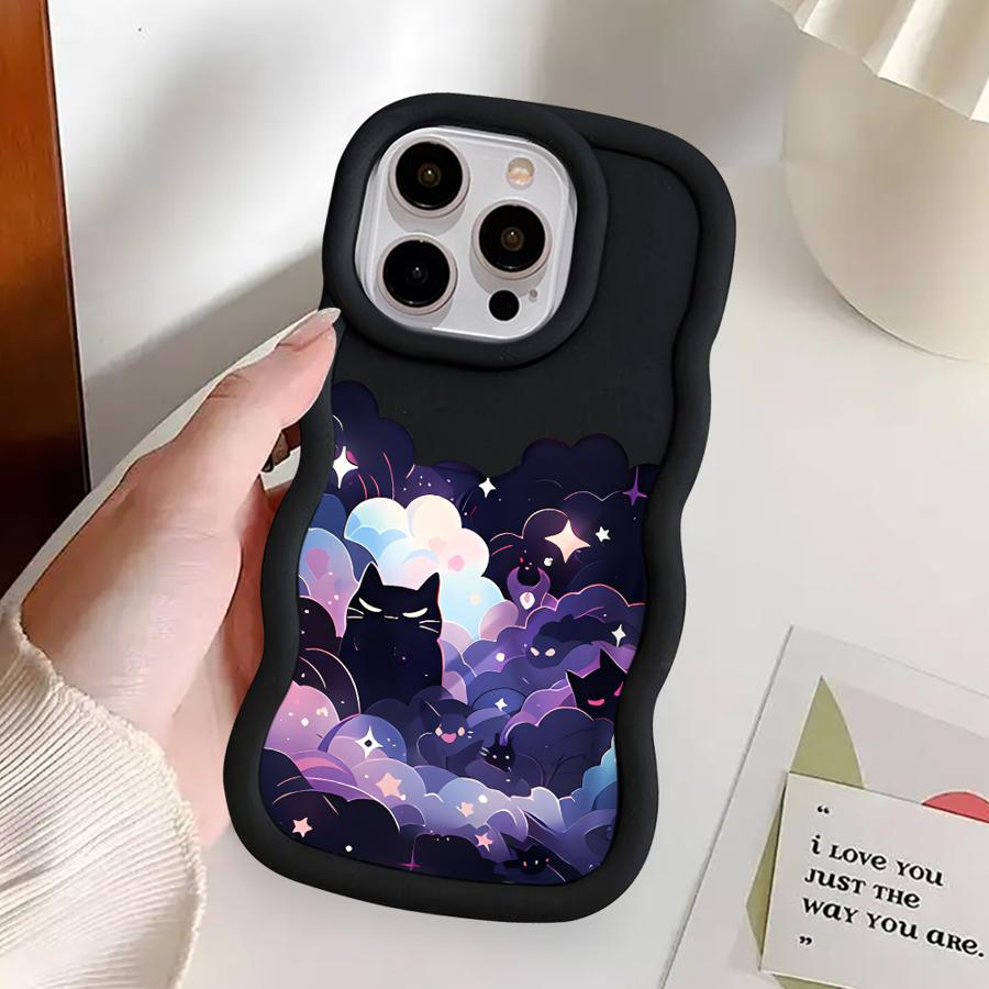 Чехол для iPhone 16 Pro Max XR 17 Air 15 Plus 8 13 11 12 14 Мягкий чехол для телефона Черный кот Звездная ночь