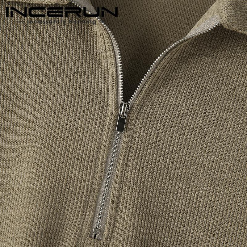 INCERUN Autumn Spring Men's Casual Loose Collared Zip Up Sweater Polo Tops