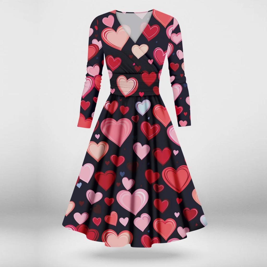 Женская мода повседневные платья на День святого Валентина с принтом, длинным рукавом и V-образным вырезом, сексуальные платья