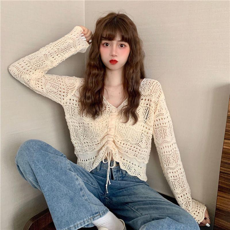 Женские вязаные топы в корейском стиле, весна-лето, свободные плиссированные короткие топы ярких цветов с v-образным вырезом и завязками