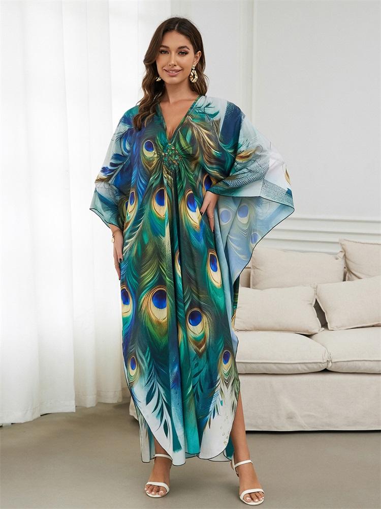 EDOLYNSA 2024 Green Peacock Plume Printed Beach Dress V-neck Side Split Plus Size Kaftan Summer Boho Swimsuit Coverup For Women Cozy House Robe Q1588