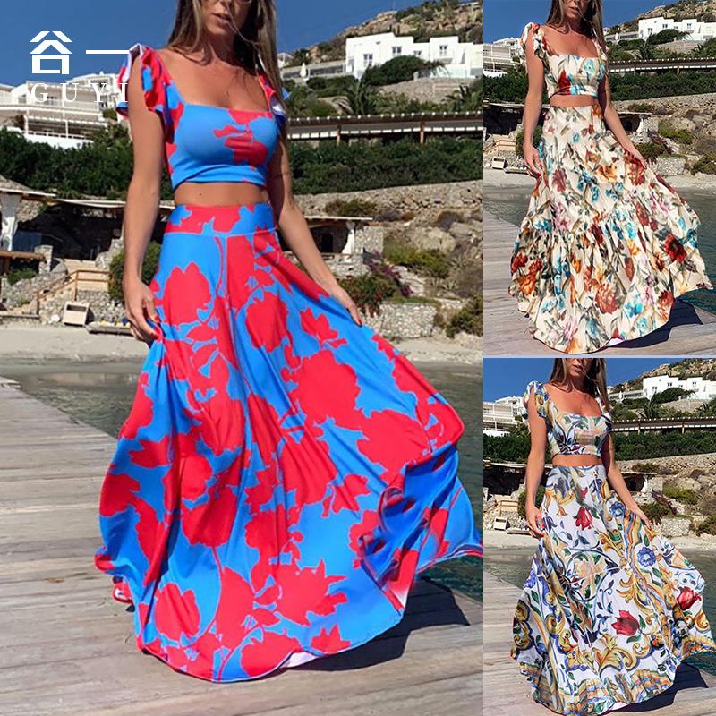 2025 лето новый топ на талии модное и сексуальное платье с принтом длинное платье комплект из двух частей