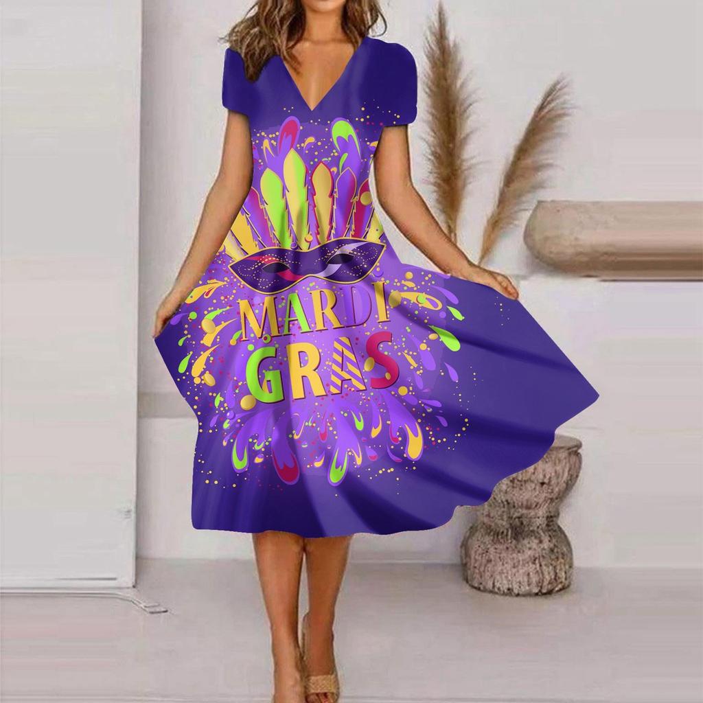 Женское летнее повседневное модное свободное платье с коротким рукавом и v-образным вырезом с принтом