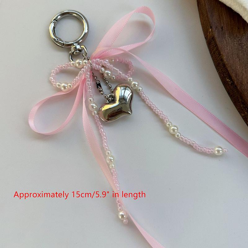 Imitation Pearl Bow Key Ring Ribbon Beaded Keychain Korean Style Hanging Accessories Y2K Heart Bag Pendant School