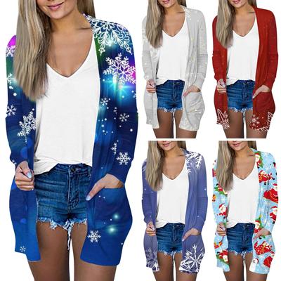 Рождественская женская модная повседневная куртка-кардиган средней длины с длинным рукавом и принтом