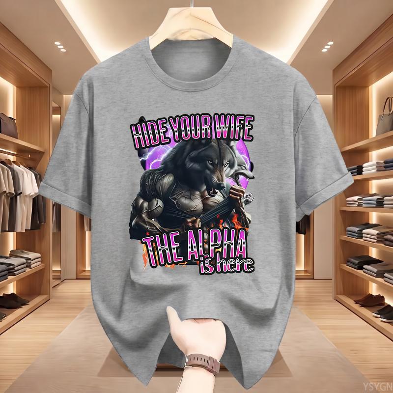 Hide Your Wife Alpha Is Here Funny Werewolf Expression Pack TShirt Unisex Fashion Hip Hop Short Sleeve TShirt Casual TShirt