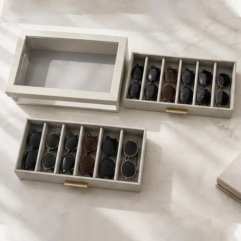 Sunglasses Organizer With Clear Display Top, 2 Drawer Multi Slot Eyeglasses Storage Box Eyewear Holder Case For Desktop