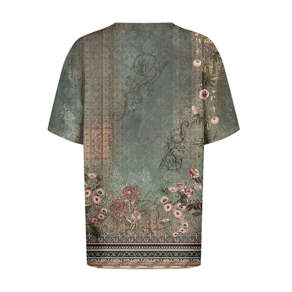 T Shirts For Women Pleated V Neck Dressy Casual Blouses Printing Short Sleeve Summer Tops Loose Fit