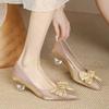 New Women's Pumps Pointed Toe Boat Shoes Clear Heels Dress Shoes Jelly Transparent Rhinestone Mid Heel Slip On Shoe Autumn