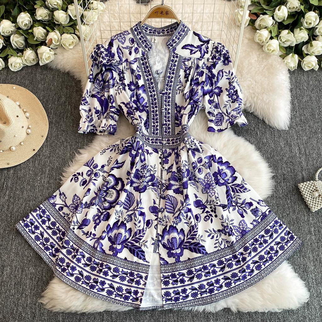 Летнее женское дизайнерское винтажное платье с принтом, элегантное однобортное вечернее платье с v-образным вырезом