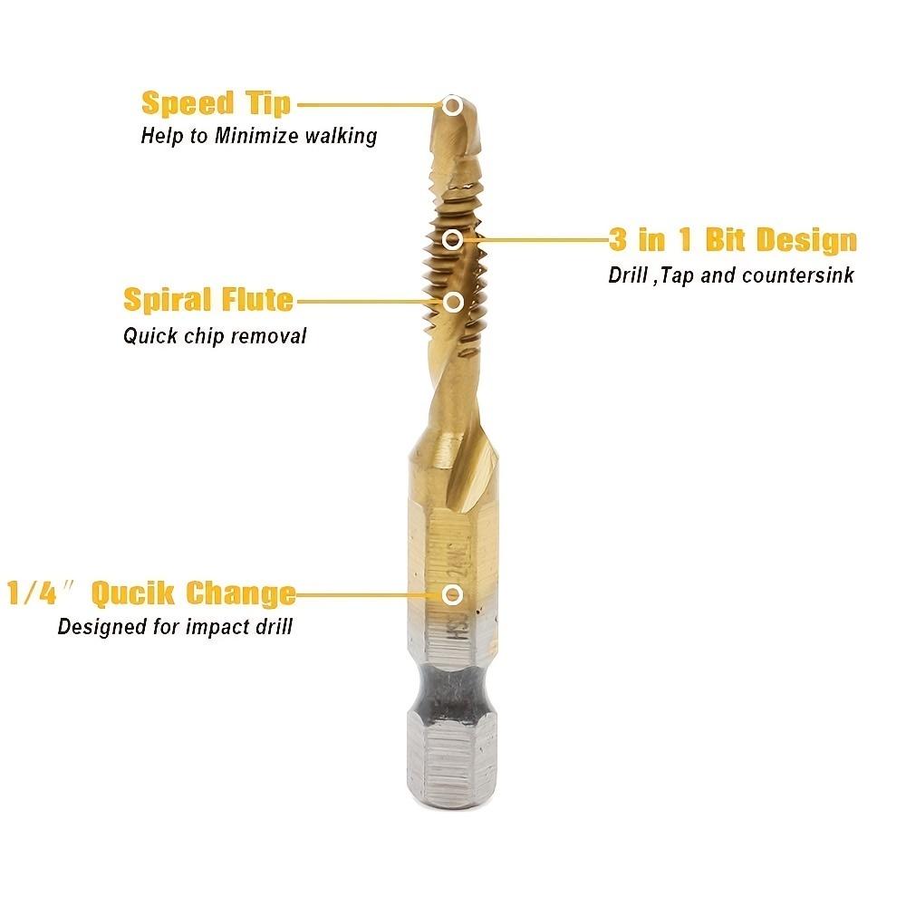 Tap Drill Bit Set Screw Thread Titanium Plated Hex Shank HSS Spiral Flute Compound Combination M3 M4 M5 M6 M8 M10 For Wood Metal