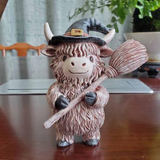 Halloween Highland Cow Resin Figurine Wizard Hat Pumpkin Broom Cattle