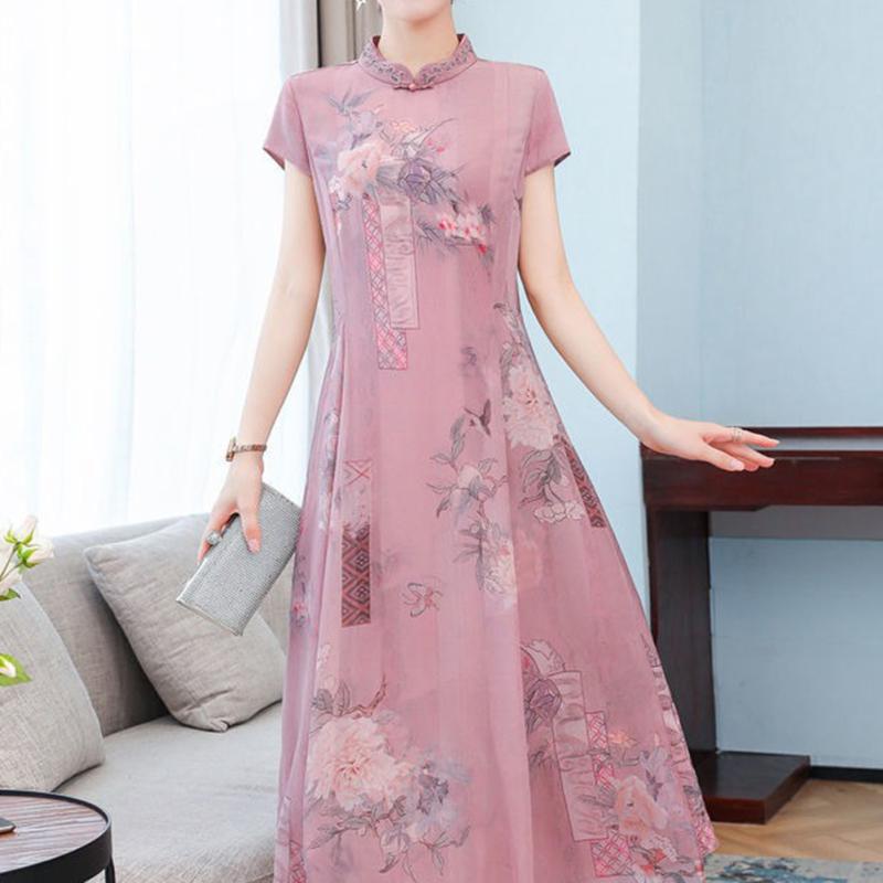 Женское платье Cheongsam с короткими рукавами и воротником-стойкой, длинная юбка в китайском стиле, юбка трапециевидной формы с высокой талией