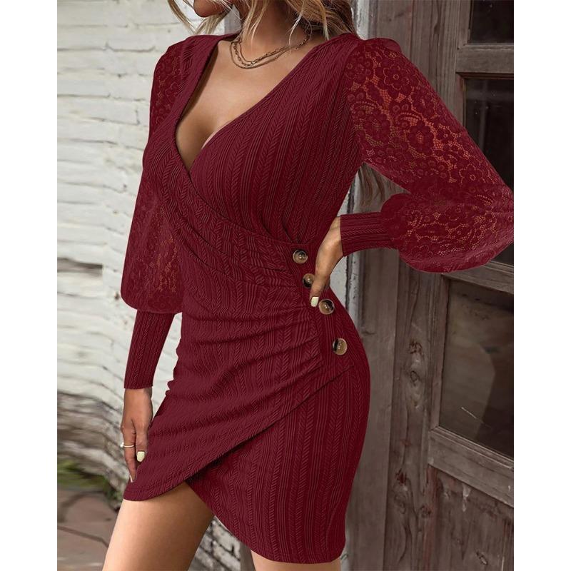 Women's New Autumn Solid Colour V-neck Slim Sexy Long-sleeved Tight Package Hip Dresses