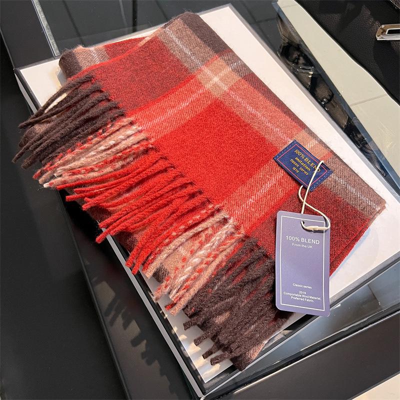 2024 Британский красный клетчатый шарф из искусственного кашемира: Теплый зимний подарочный платок на шею