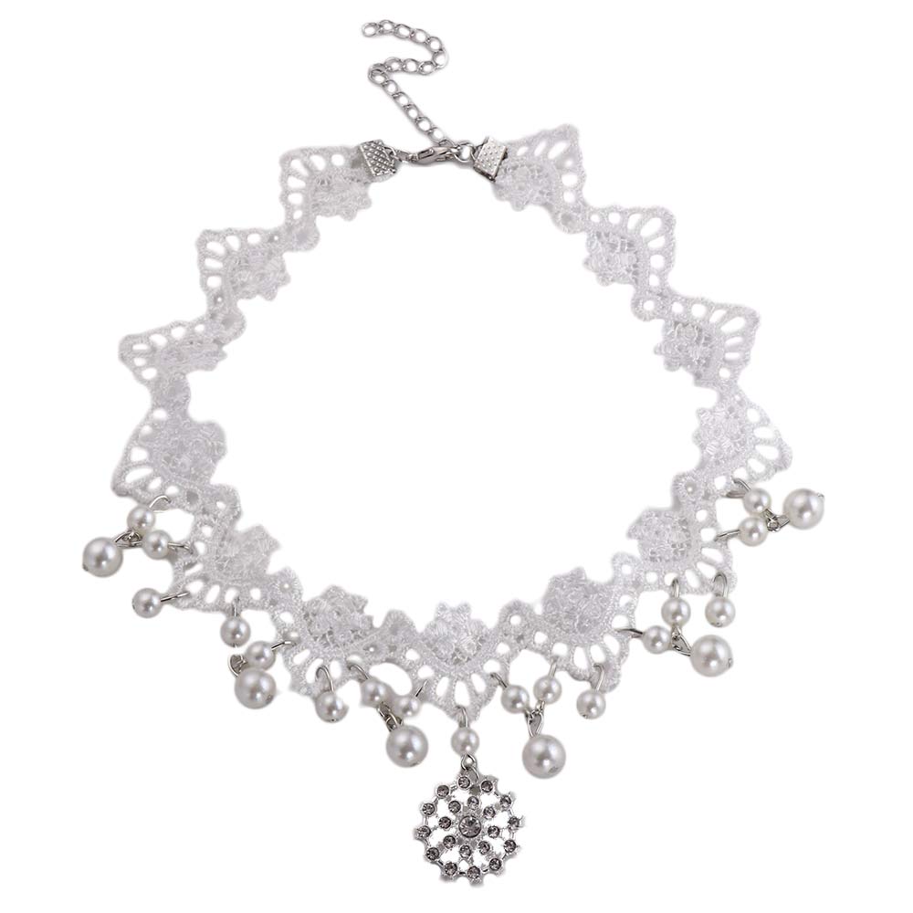 Fashion New Lady Gothic Jewelry Gift Lace Multilayer Collar White Beads Choker Necklace