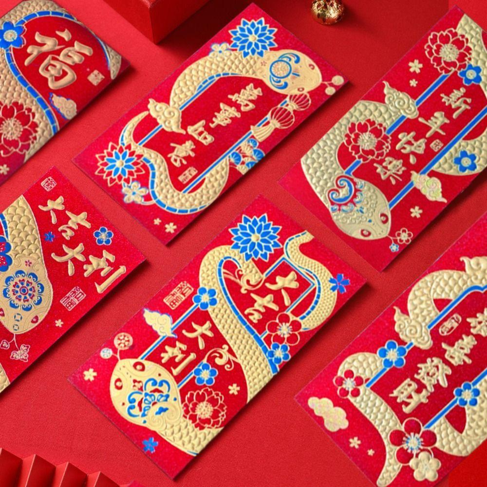 6pcs Blessing 2025 Snake Year Red Pouch Traditional Money Packet Lucky Money Pockets Kids Gift