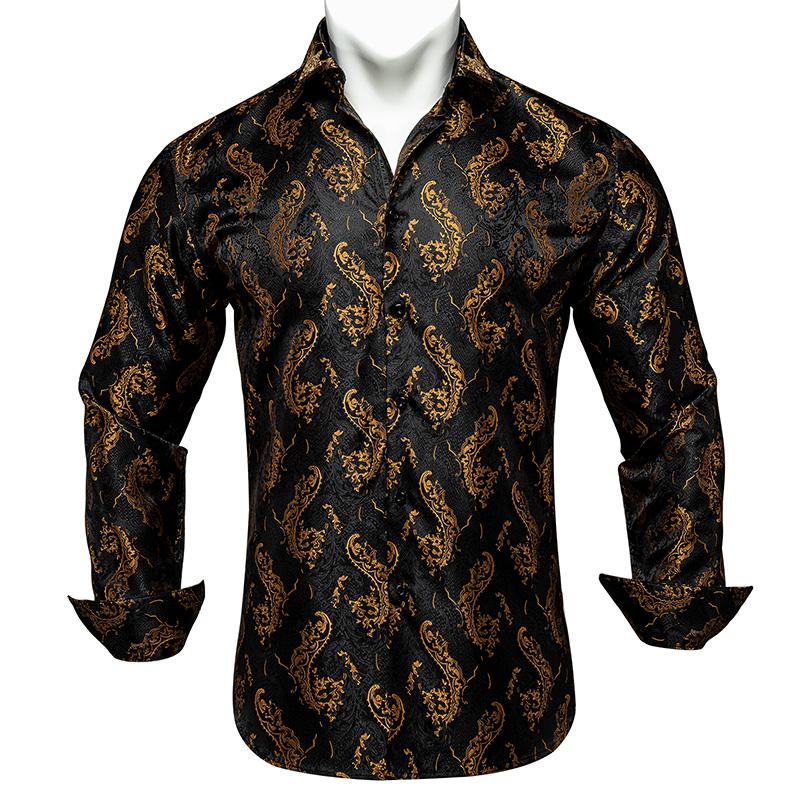 Mens Long Sleeve Shirt Black Design Casual Shirt Silk Paisley Shirt Collar Pin Luxury Mens Fashion