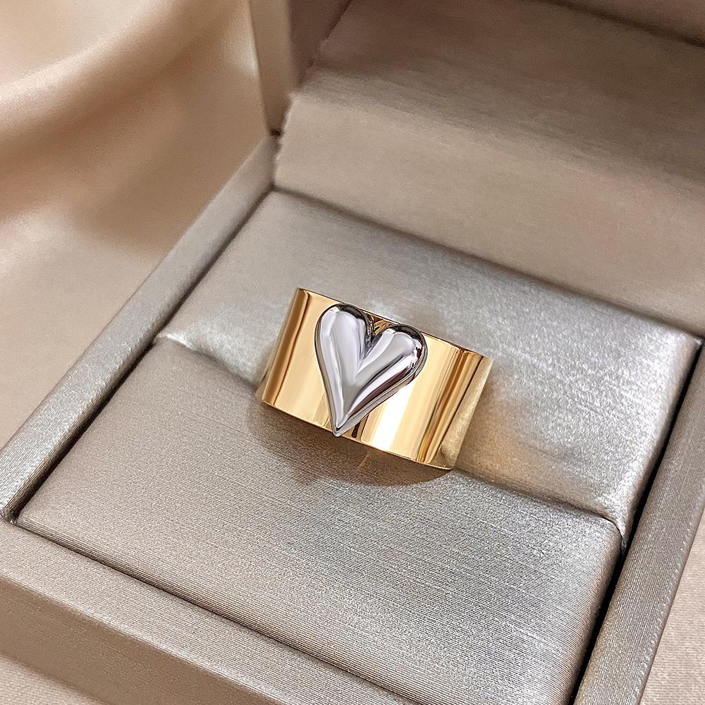 Flashbuy Stainless Steel Rings for Women Gold Copper Color Love Heart Open Ring Statement Fashion Zircon Gift