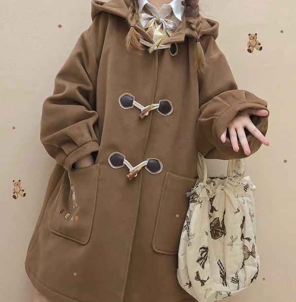 College Style Japanese Cute Coat Medium Long Ox Horn Buckle Student JK Coat Camel Winter Coat