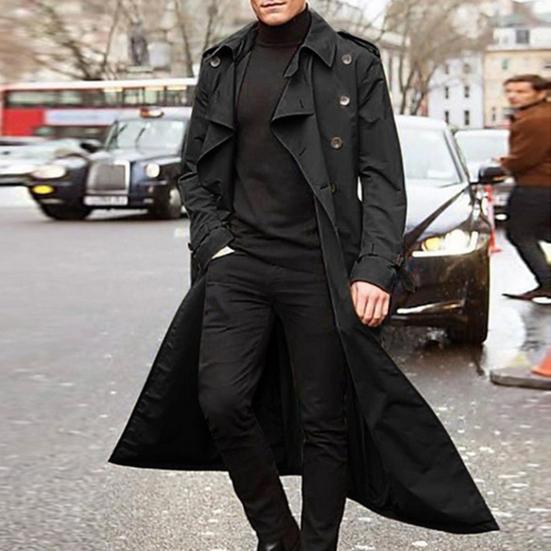 Men Trench Coat Lapel Long Sleeve Solid Color Windbreaker Double Breasted Long Style Outdoor Business Outwear