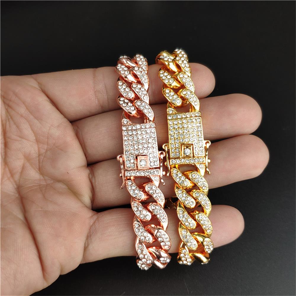 12mm Width Luxury Shiny Fashion Bracelet Hip Hop Link Chain Inlaid Rhinestone Bracelet