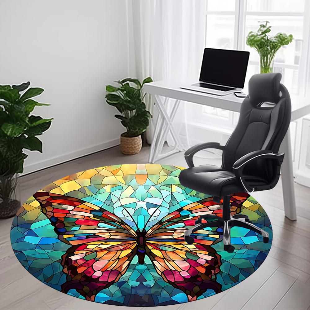 1PC Butterfly StainedGlass Office Round Area Rug, Mat Suitable ForOffice, Under Office Chairs Bedroom Living Room Home Decor, Room Deco