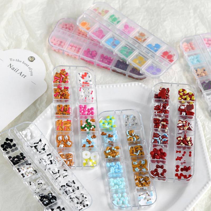 12 ячеек/коробка Мини бантики для дизайна ногтей 3D Милые конфетные цвета Шармы для ногтей Дизайны Сделай сам Смола Аксессуары для ногтей