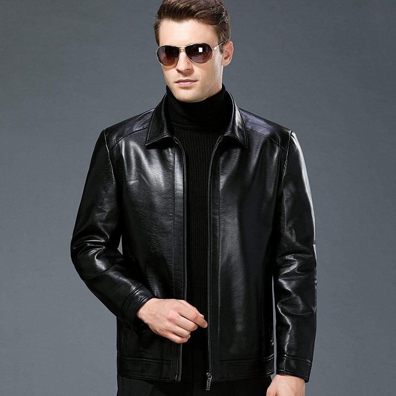 Middle Aged and Elderly Leather Jacket for Men's Fathers, Fur for Autumn and Winter, Men's Plush and Thickened Lapel Jacket, Genuine Leather Jacket