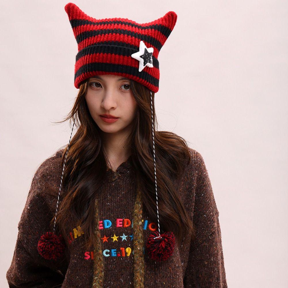 Y2K Cat's Ears Knitted Hat Star Warm Cap Fashion Slouchy Knitted Beanies Cycling