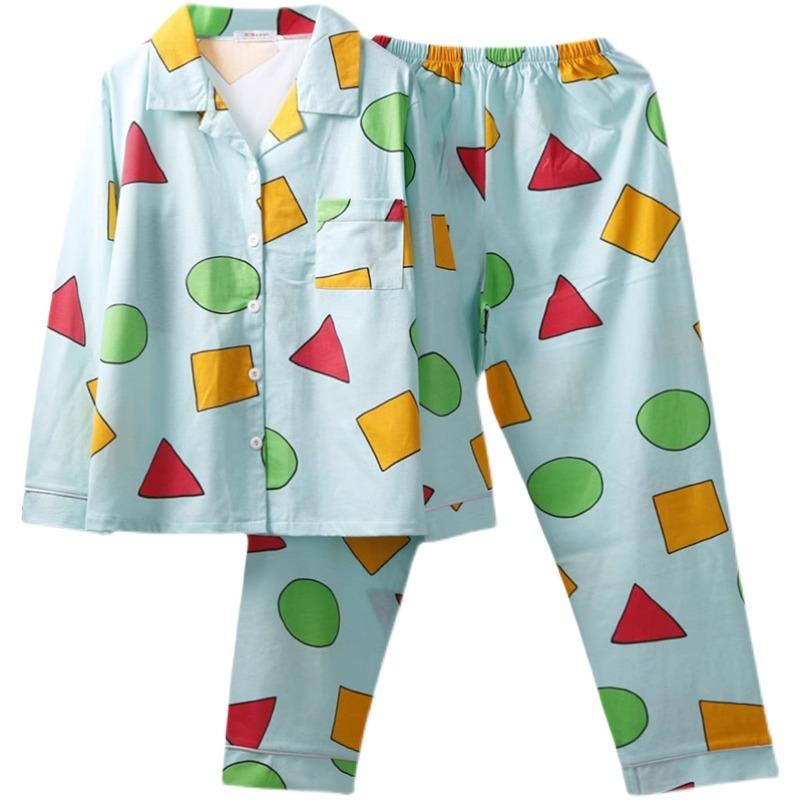 Girl Pajamas Cardigan Lapel Trousers Set Geometric Pattern Long-Sleeved Ladies Homewear Fashion Soft Sleepwear