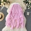 Summer Women Elegant Elastic High Waist Mesh Princess Long Midi Irregular Cake Skirt