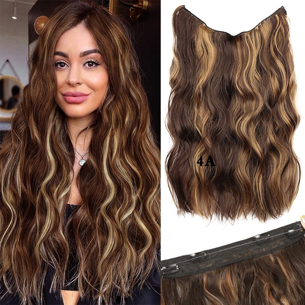 MERISIHAIR Synthetic Invisible Wire Hair Extension With 4 Clips Long Beach Wave Hairpiece Transparent Adjustable Headband