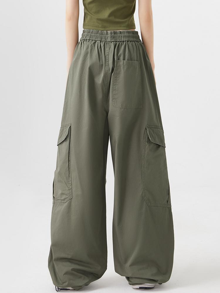 Women Big Pockets Cargo Pants Y2k High Elastic Waist Drawstring Baggy Trousers Vintage Casual Loose Wide Leg Straight Pants