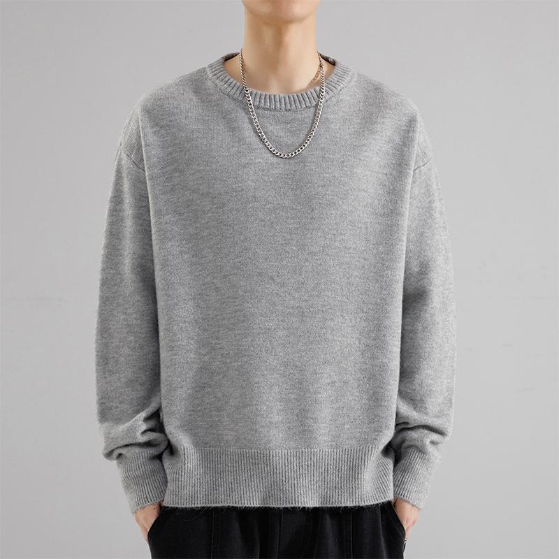 Solid Plain Crew Neck Long Sleeve Men Pullover Sweater Casual Couple Basic Knit Top