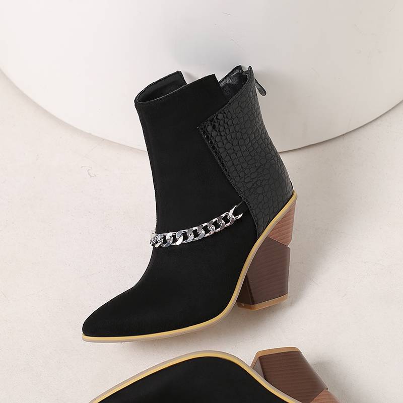 Krazing Pot Polyurethane Autumn Winter Shoes 47 Size 48 Super Size Wedges Pointed Toe Metal Chains Mid-calf Boots