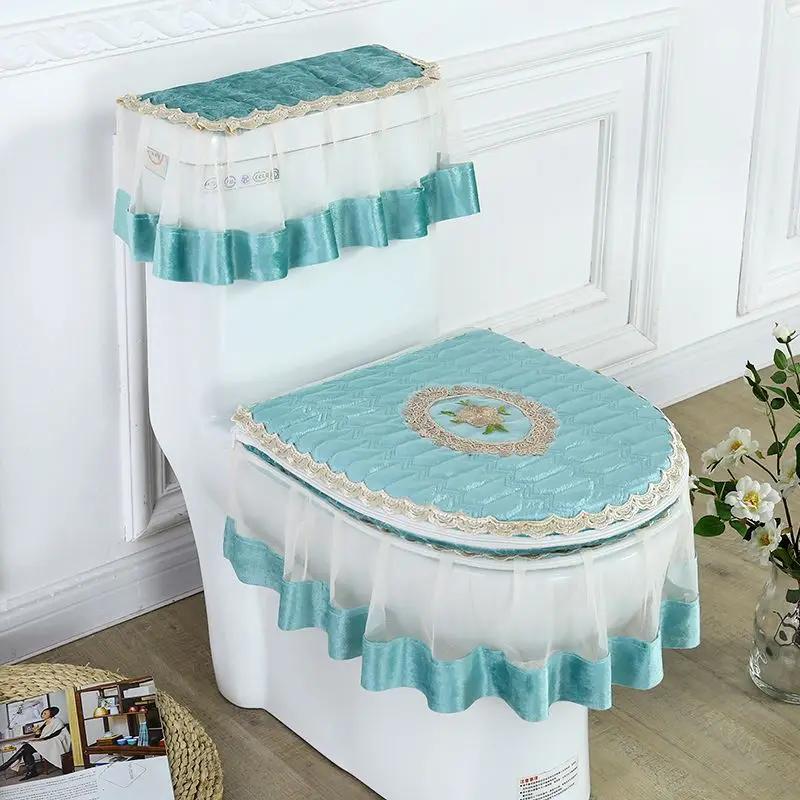 Европейский вышитый коврик для сиденья для унитаза, комплект из трех предметов, плюшевый теплый туалетный столик, пылезащитный чехол, кружевной край, прозрачный подол, подушка для сиденья унитаза