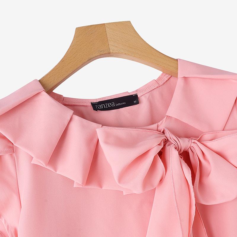 ZANZEA Women's Summer Round Neck Short Sleeves Pleated Bow Decoration Solid Color Loose Blouse