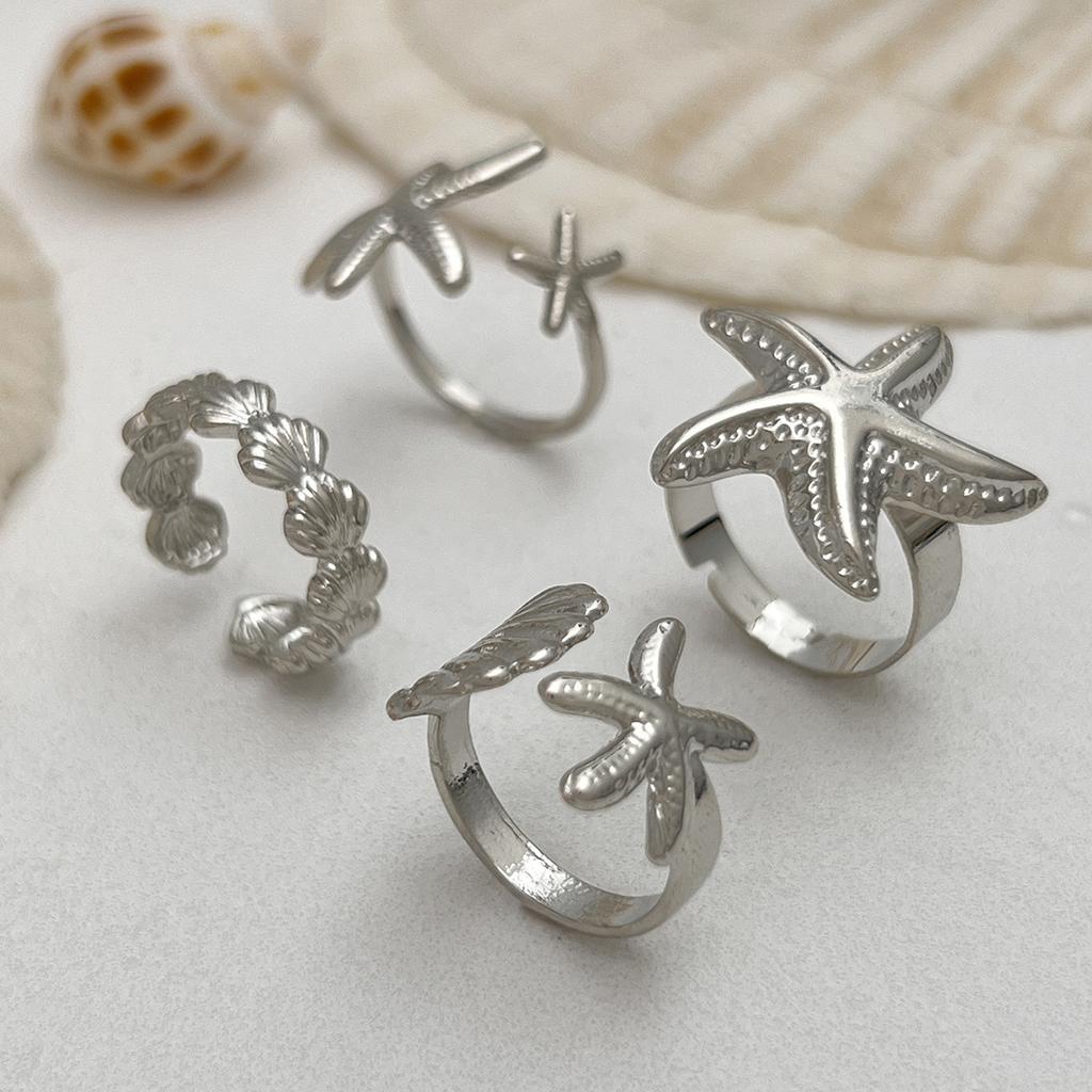4Pcs/Set Summer Beach Trendy Geometric Gold Silver Starfish Scallop Adjustable Open Rings for Women Jewelry