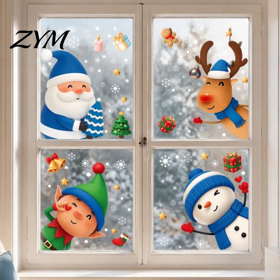 Reusable Christmas Scene Stickers Window Static Cling, Santa/Reindeer/Snowmen/Elves Print, Waterproof Snowflake Decorations for Windows PVC