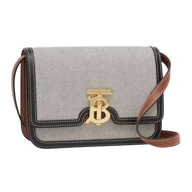 Burberry TB Monogram Canvas Crossbody Bag, Luxury Two-Tone Leather Trim Gold-Tone Hardware Flap Handbag for Women, Daily Commute 80306661